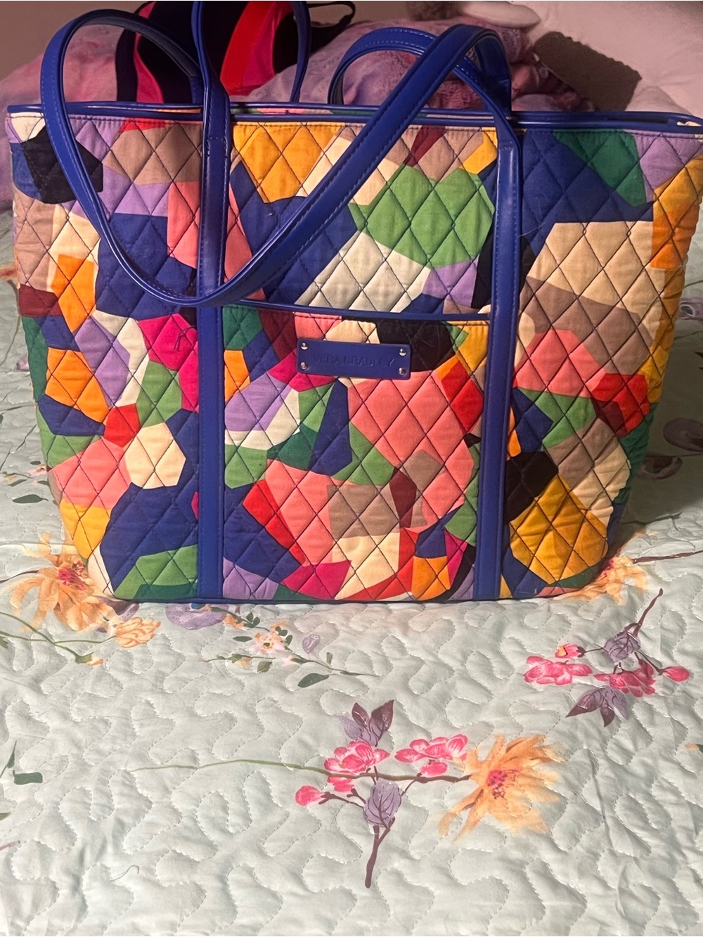 Vera Bradley Quilted Multicolor Geometric Tote with Blue Trim